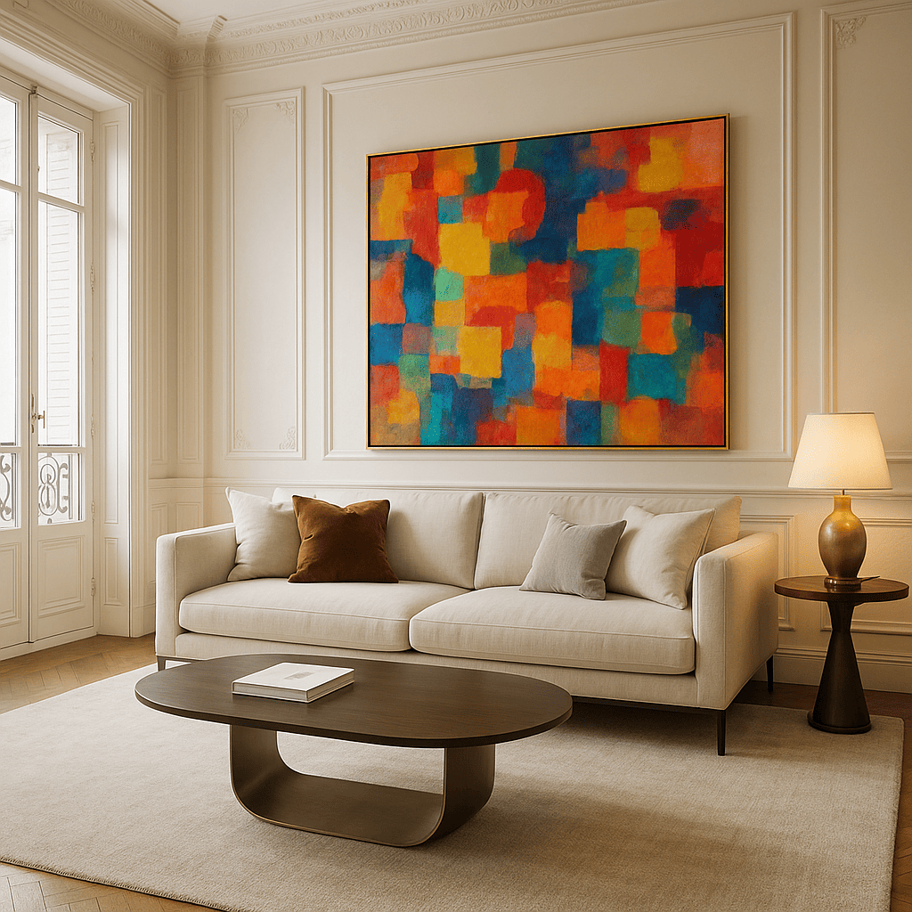 Luxury Paris apartment with modern living room, beige sofa, and large contemporary artwork