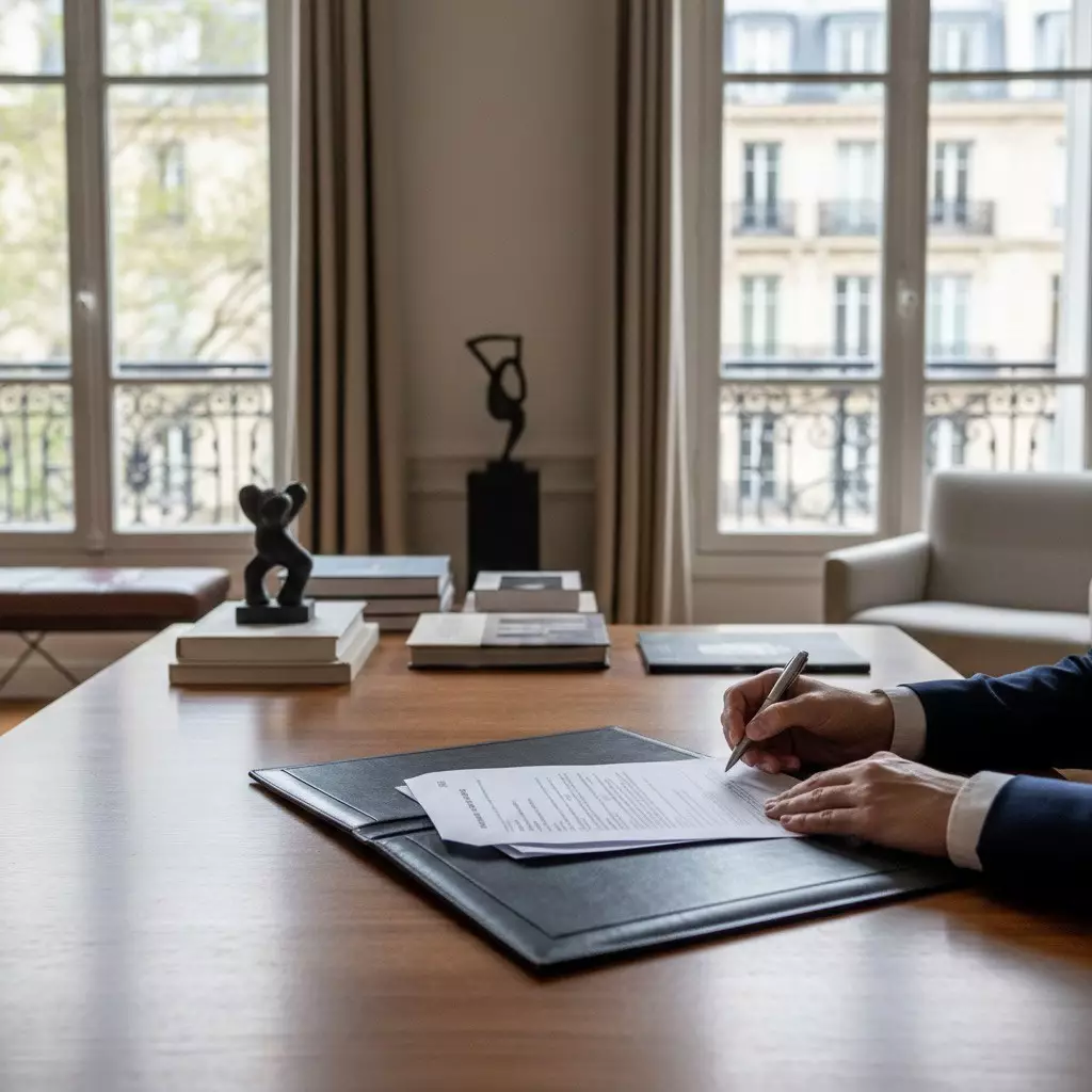 Vente aux enchères d’art avec commissaire-priseur et participants levant des pancartes numérotées.