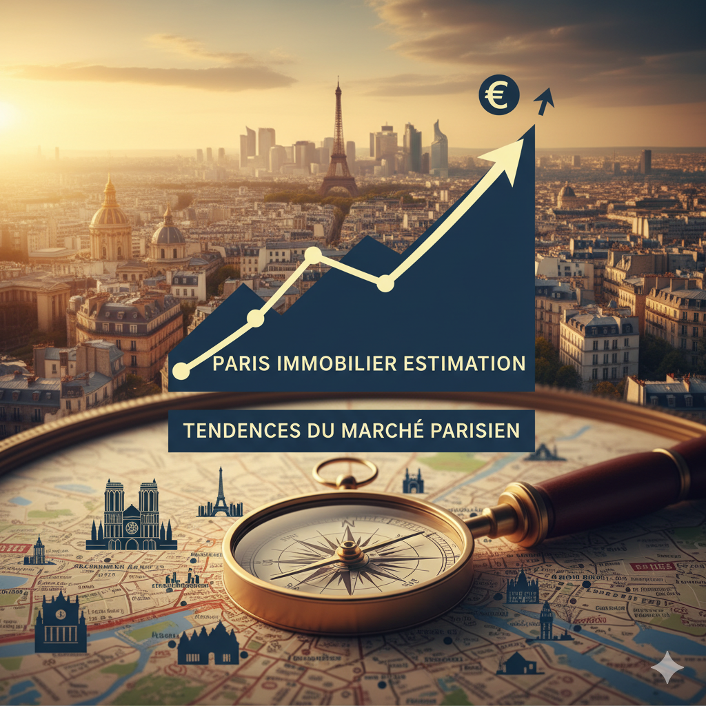Paris real estate valuation chart with Eiffel Tower skyline, illustrating market trends and price evolution