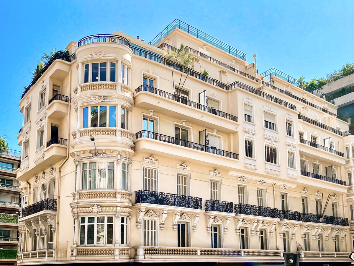 Elegant facade of the Winter Palace building in Monaco, Carré d'Or district.
