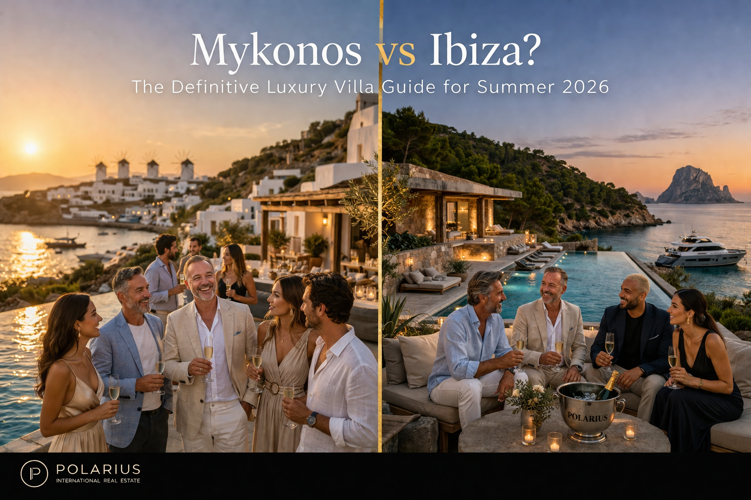 Vergleich des luxuriösen Villenlebensstils zwischen Mykonos und Ibiza bei Sonnenuntergang, mit stilvollen Gästen an einem Infinity-Pool mit Blick auf das Mittelmeer, als Teil des Polarius Sommerguides 2026.